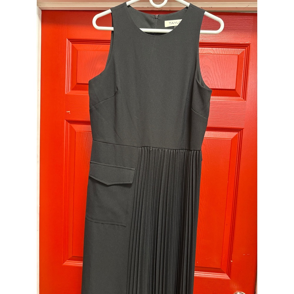 Taylor Black Sleeveless Asymmetrical Pleated Cargo Midi Dress Size 12